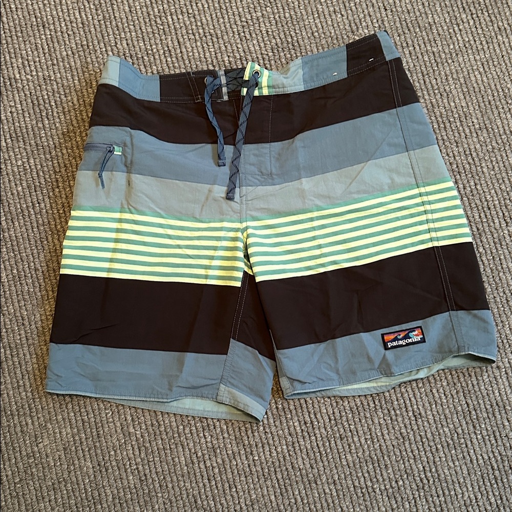 Patagonia Multi-Striped Swim Board Shorts, size 32